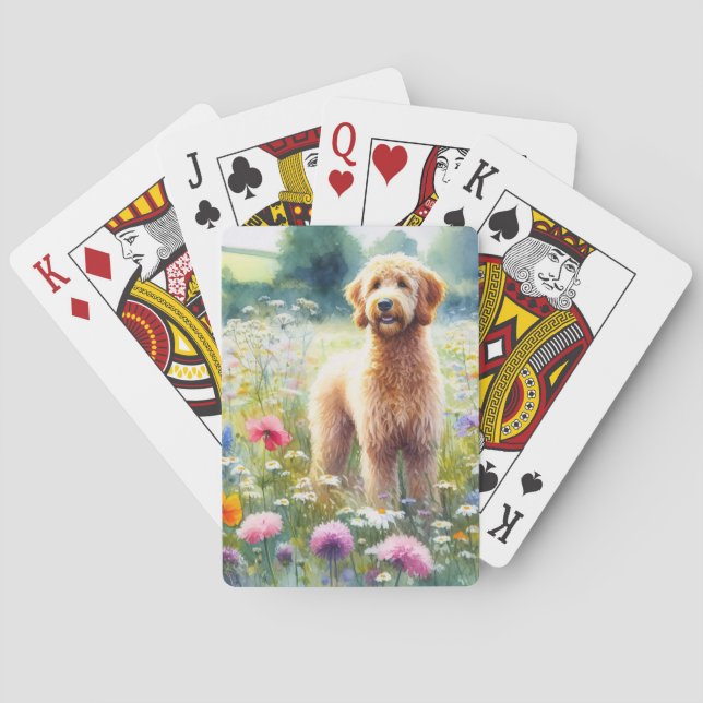 Watercolor Goldendoodle Dog Wildflower Field Playing Cards (Back)