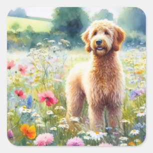 Watercolor Goldendoodle Dog Wildflower Field Square Sticker