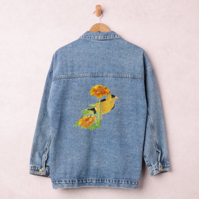 Watercolor Goldfinch Bird Marigold Garden Flower Denim Jacket (Hangar)