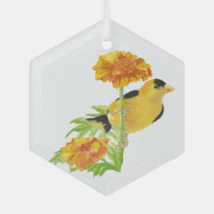 Watercolor Goldfinch Bird Marigold Garden Flower Glass Tree Decoration
