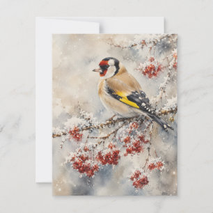 Watercolor Goldfinch Bird on Winter Berries  Card