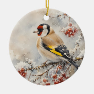 Watercolor Goldfinch Bird on Winter Berries Ceramic Tree Decoration