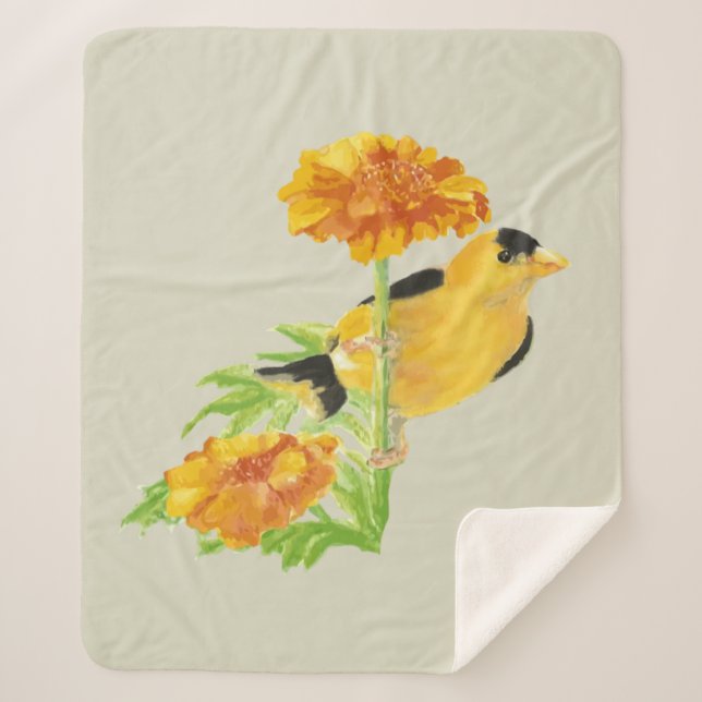 Watercolor Goldfinch Garden Bird Marigold Flower Sherpa Blanket (Front)