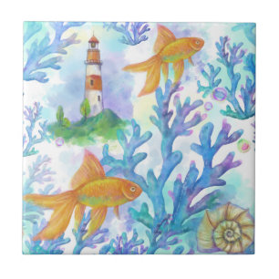 Watercolor Goldfish and Coral Tile
