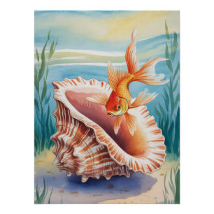 Watercolor Goldfish in Coral Shell Poster