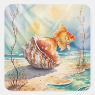 Watercolor Goldfish in Coral Shell Square Sticker