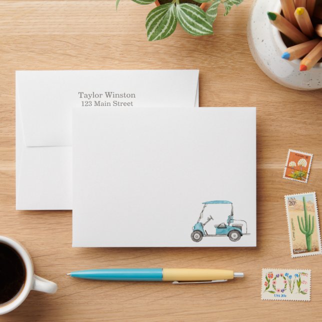 Watercolor Golf Cart Personalised Envelopes (Desk)
