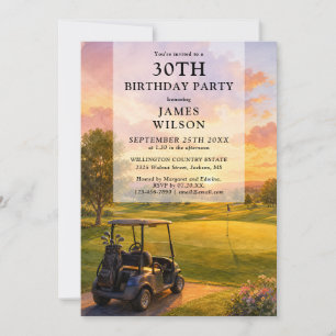 Watercolor Golf Course Buggy Adult Birthday Invitation