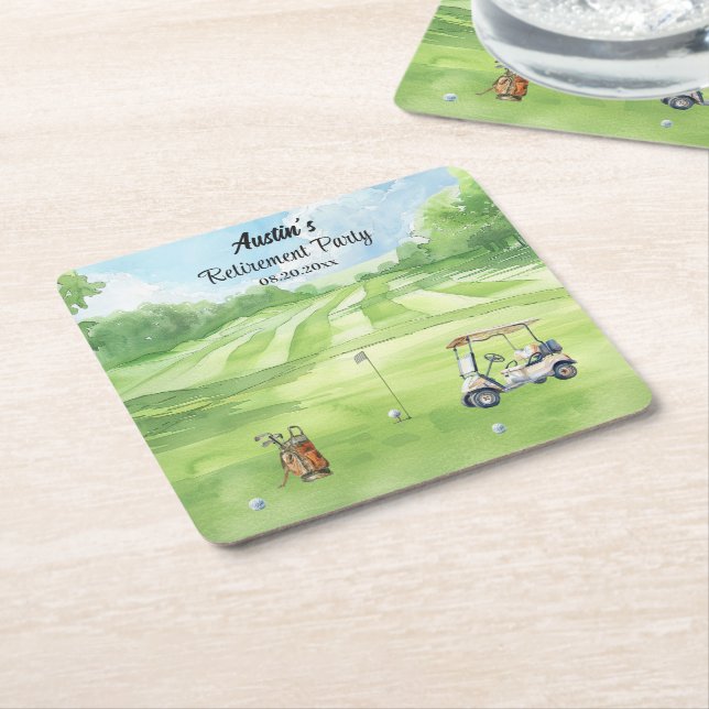 Watercolor Golf Course Retirement Party  Square Paper Coaster (Angled)