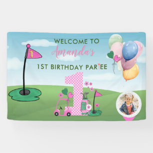 Watercolor Golf Pink Photo Girl 1st Birthday Party Banner