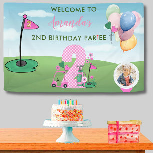Watercolor Golf Pink Photo Girl 2nd Birthday Party Banner