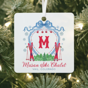 Watercolor Gondola Ski Monogram Crest Metal Tree Decoration
