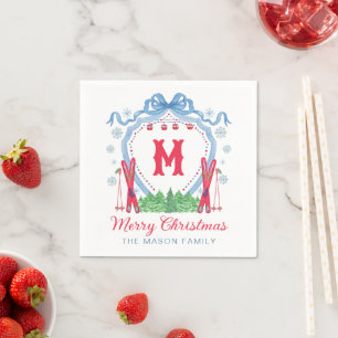 Watercolor Gondola Ski Monogram Crest Napkin