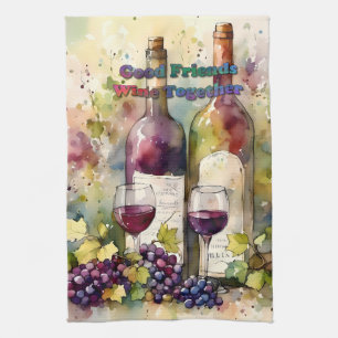 Watercolor Good Friends Wine Together Tea Towel