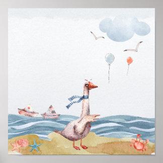 Watercolor Goose and Balloons Poster