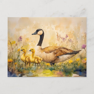 Watercolor Goose and Goslings Spring Postcard
