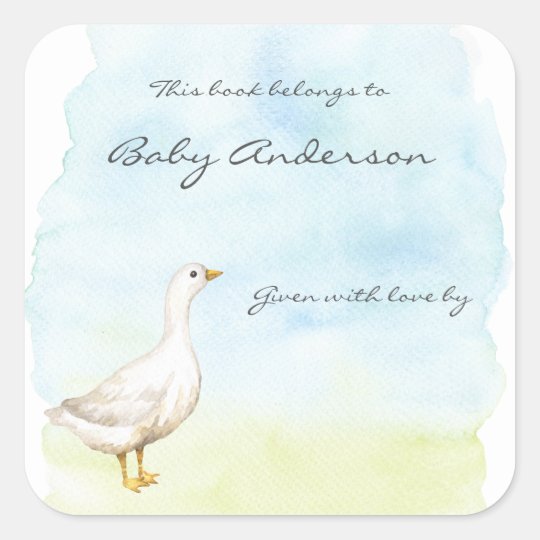 Watercolor goose baby shower bookplate square sticker ...