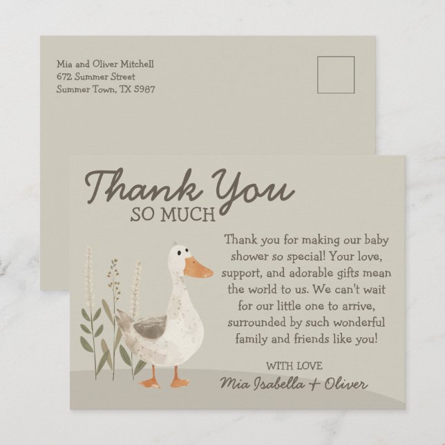 Watercolor Goose Baby Shower Thank You Postcard (Front/Back)