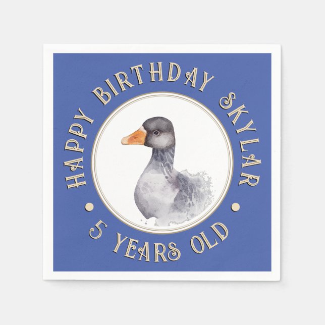 Watercolor Goose Birthday Custom Children's Blue  Napkin (Front)