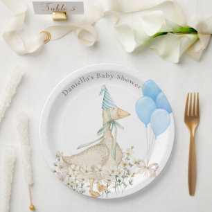 Watercolor Goose Boy Baby Shower Paper Plate
