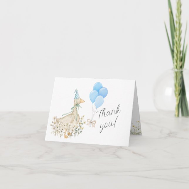 Watercolor Goose Boy Baby Shower Thank You Card (Front)