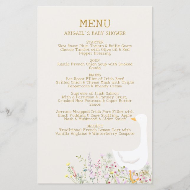 Watercolor Goose Duck Wildflower Baby Shower Menu (Front)