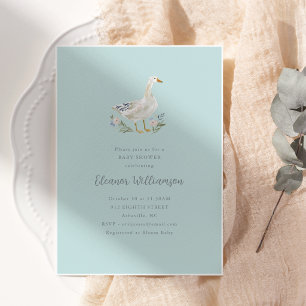 Watercolor Goose Floral Mint Whimsical Baby Shower Invitation