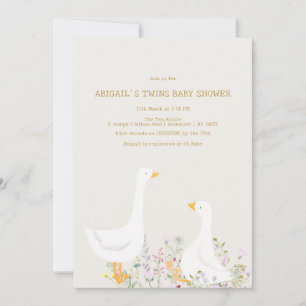 Watercolor Goose Wildflower Twins Baby Shower Invitation