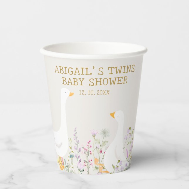 Watercolor Goose Wildflower Twins Baby Shower Paper Cups (Front)
