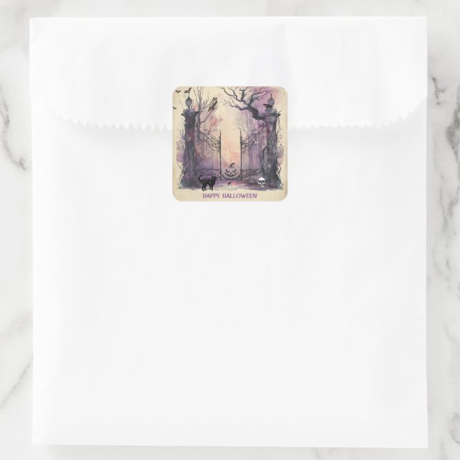 Watercolor Gothic Gate Entrance Halloween Party Square Sticker (Bag)