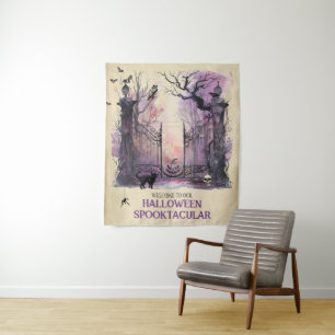 Watercolor Gothic Gate Entrance Halloween Welcome Tapestry