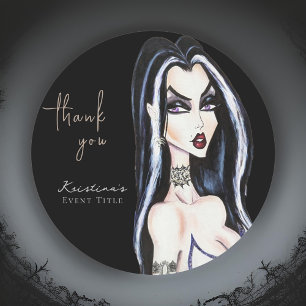 Watercolor Gothic Witch Black Thank You Classic Round Sticker