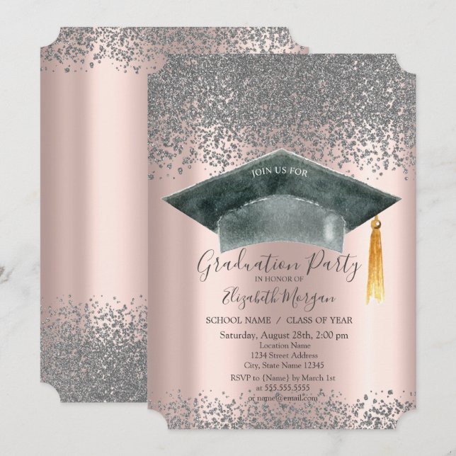 Watercolor Grad Cap,Diamonds Rose Gold Graduation  Invitation (Front/Back)