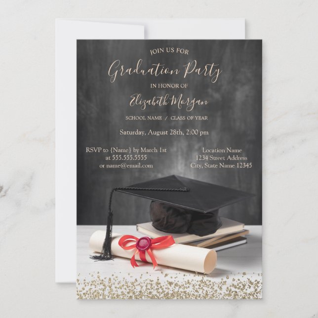 Watercolor Grad Cap,Diploma Diamonds Graduation Invitation (Front)