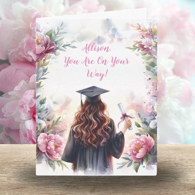 Watercolor Graduate Girl With Peonies  Card (Peony-perfect success: Bloom into celebration with this vibrant graduate card!)
