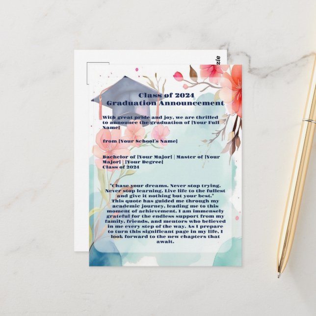 Watercolor Graduation Announcement Postcard (Front/Back In Situ)