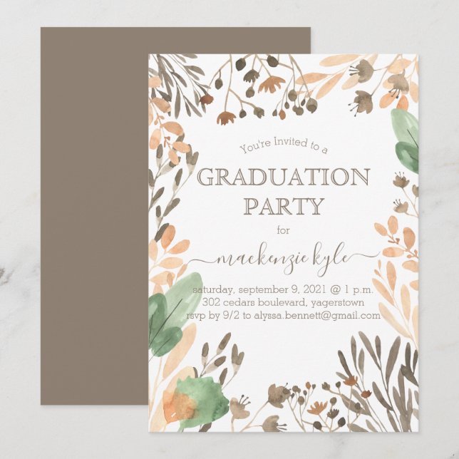 Watercolor Graduation Boho Greenery Invitation (Front/Back)