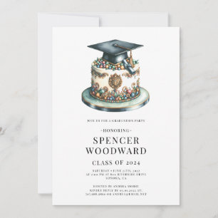 Watercolor Graduation Cap & Cake Graduation Party Invitation