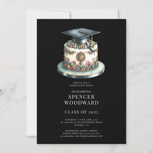 Watercolor Graduation Cap & Cake Graduation Party Invitation (Front)