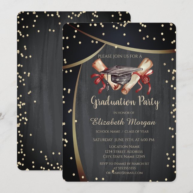 Watercolor Graduation Cap,Diamonds Black Invitation (Front/Back)
