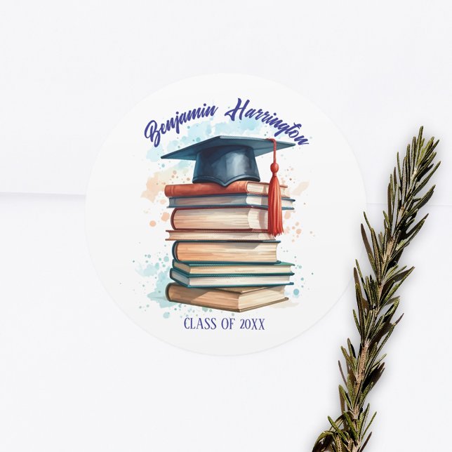 Watercolor Graduation Cap with Book Stack Classic Round Sticker (Creator Uploaded)