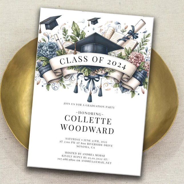 Watercolor Graduation Floral Banner Grad Party Invitation (Creator Uploaded)