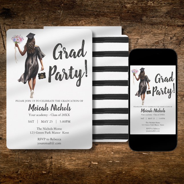 Watercolor Graduation Modern Trendy Girl Invite (Creator Uploaded)