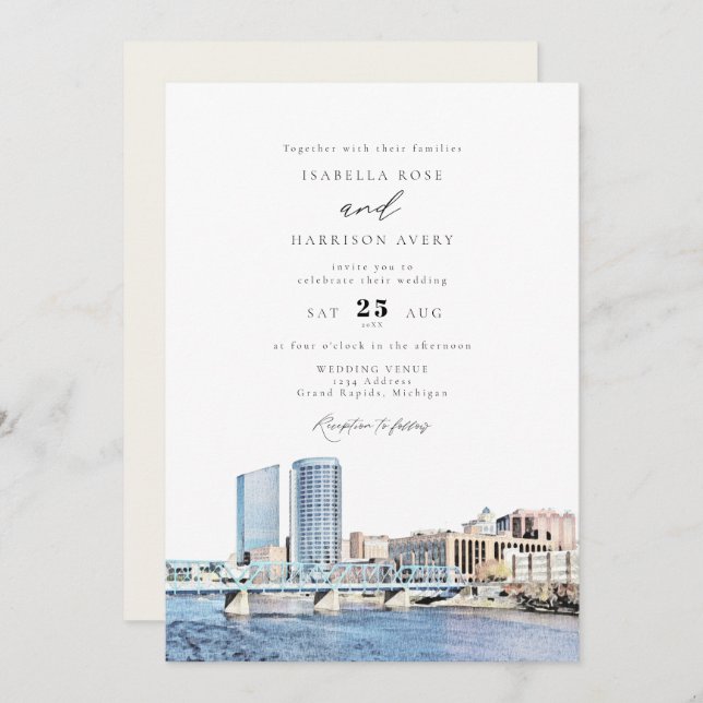 Watercolor Grand Rapids Michigan Skyline Wedding Invitation (Front/Back)