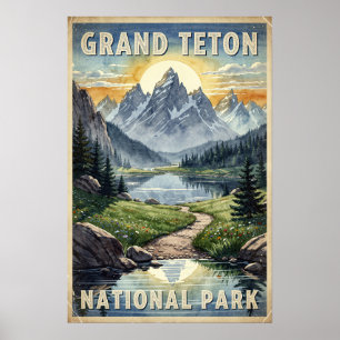 Watercolor Grand Teton National Park Retro Poster