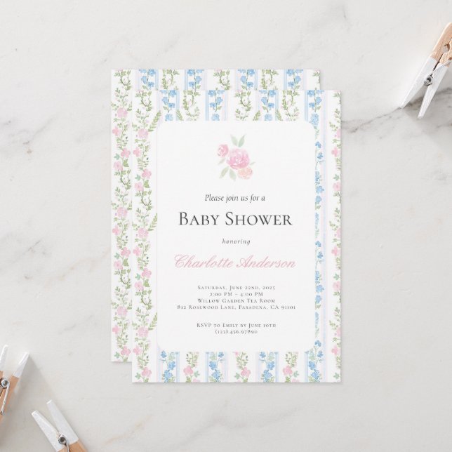 Watercolor Grandmillennial Baby Shower Invitation (Front/Back In Situ)