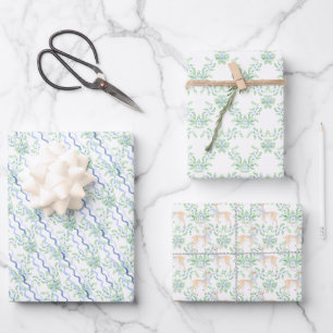 Watercolor Grandmillennial Reindeer and Greenery Wrapping Paper Sheet