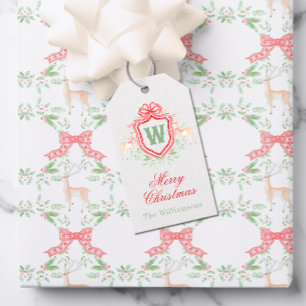 Watercolor Grandmillennial Reindeer Monogram Crest Gift Tags
