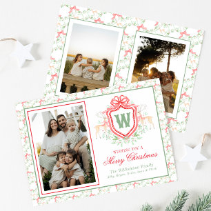 Watercolor Grandmillennial Reindeer Monogram Crest Holiday Card