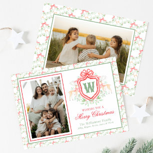 Watercolor Grandmillennial Reindeer Monogram Crest Holiday Card